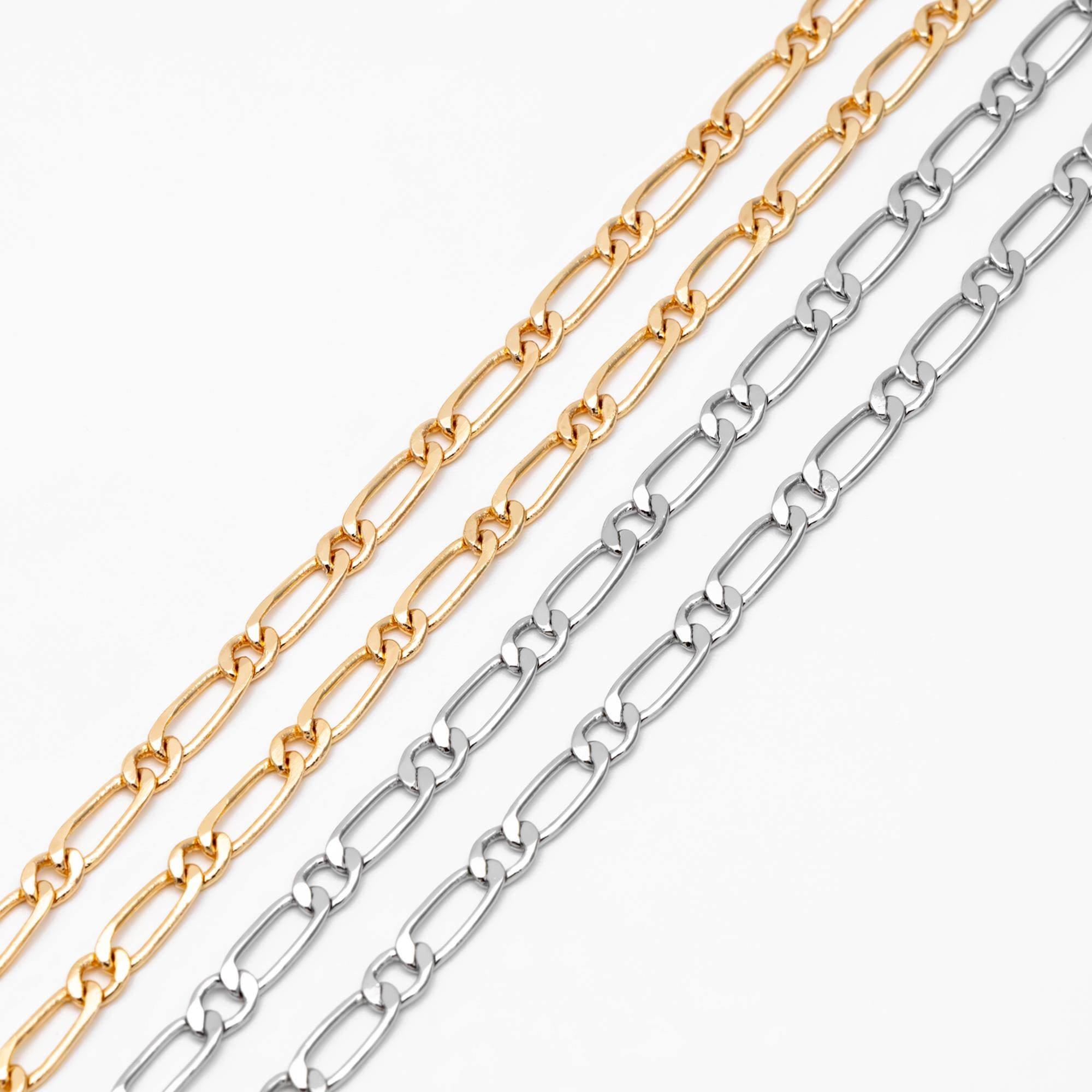 Gold/ Rhodium plated Brass Oval Cable Chains, Figaro Chain Supplies Wholesale (#LK-384)/ 1 Meter=3.3 ft